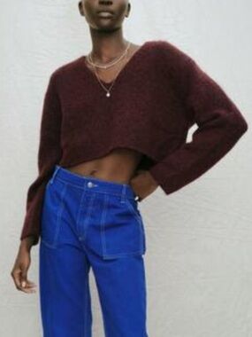 Zara Cropped V-Neck Knit Sweater in Burgundy